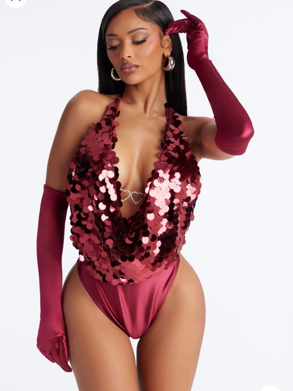 Fashion Nova Sequin Halter Teddy Bodysuit in Burgundy w/ Gloves